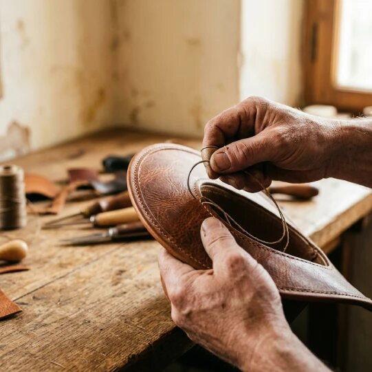 A leather worker stitching leather by hand at a workbench